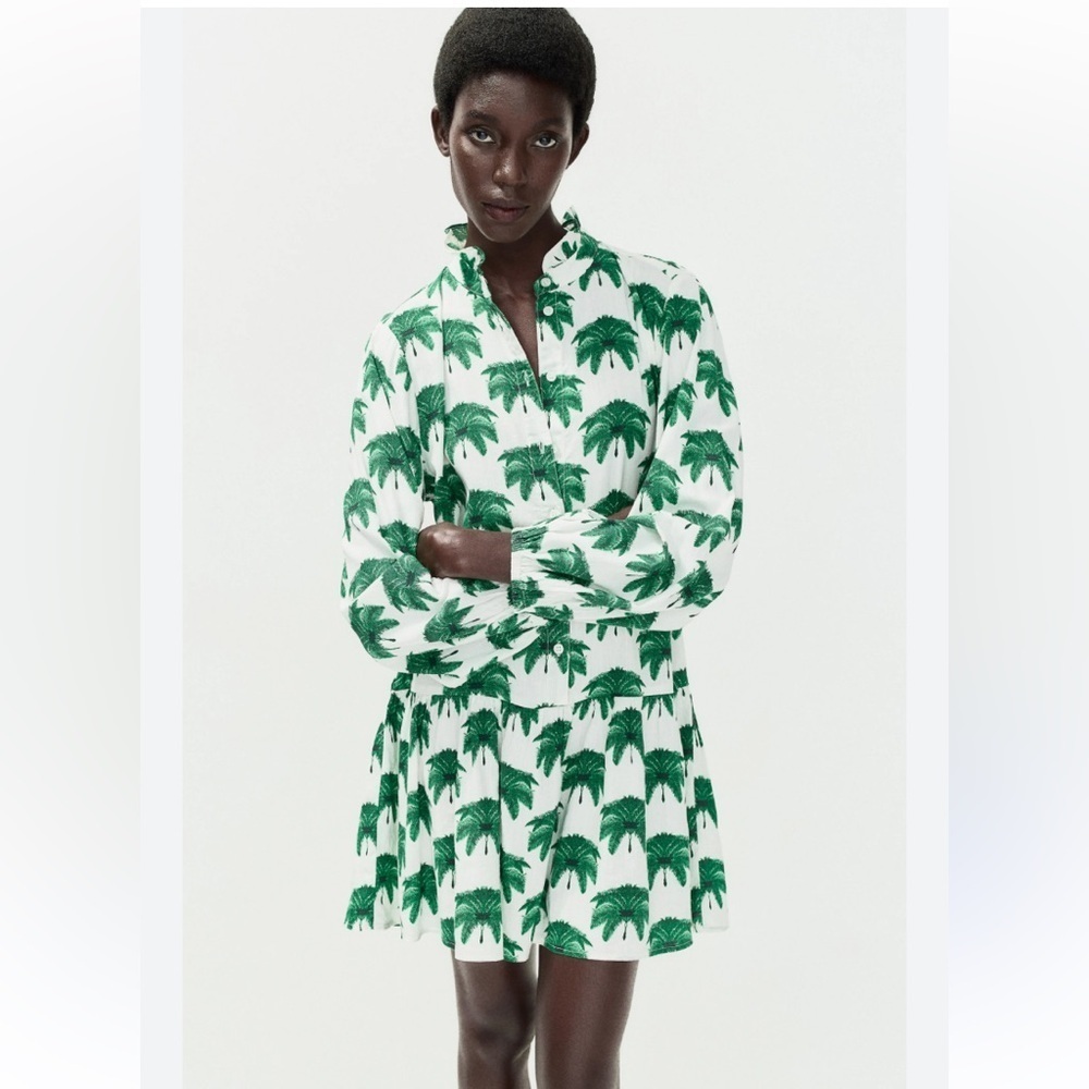 H&M White and Green Tropical Print Dress XL NWT